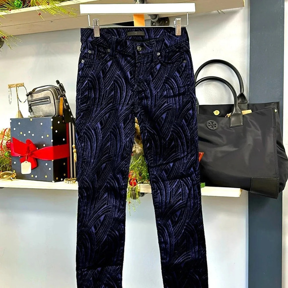 7 For All Mankind Skinny Flocked Sateen Womens Jeans Navy Black Size 26 - Picture 1 of 11